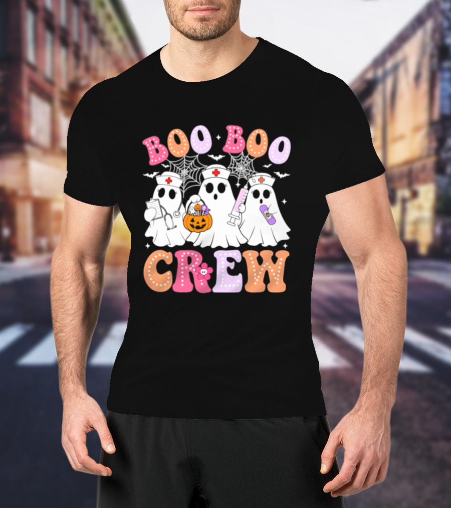 Boo Boo Crew Ghost Nurse Halloween Spooky Pumpkins And Webs T-Shirt