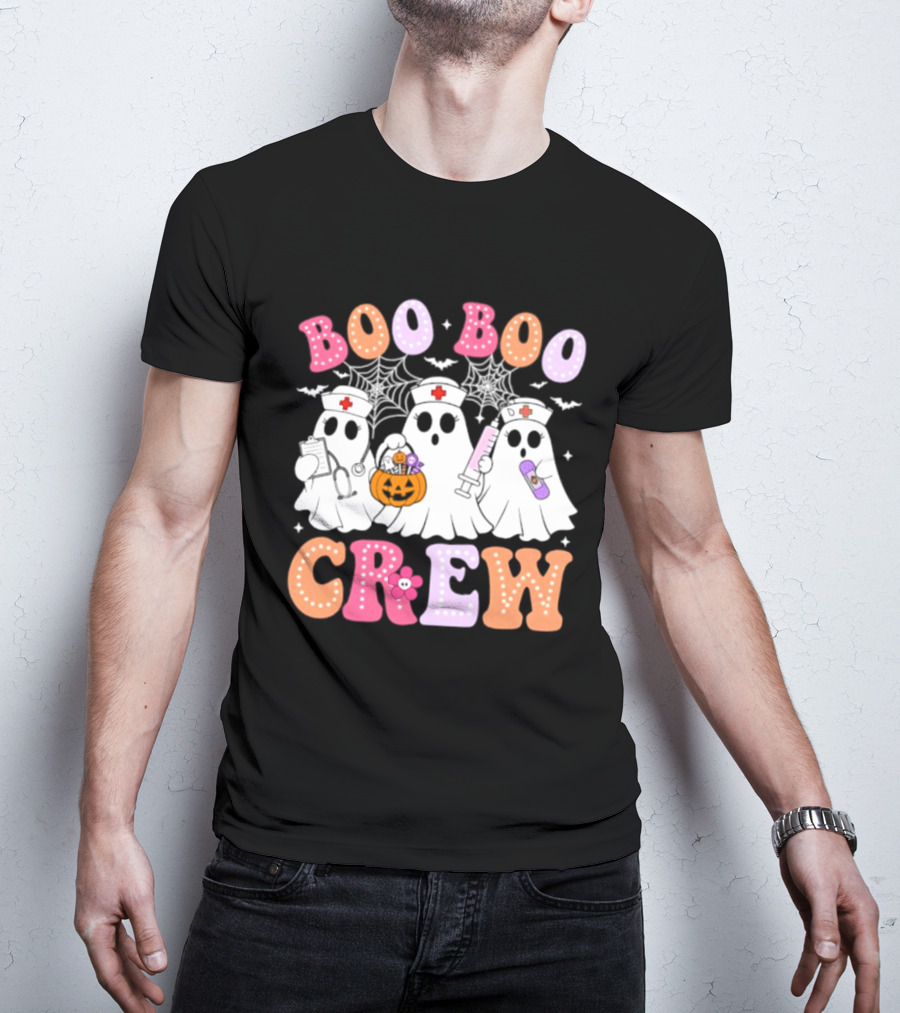 Boo Boo Crew Ghost Nurse Halloween Spooky Pumpkins And Webs T-Shirt