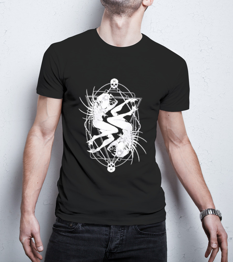 Half Woman Half Fish Skeleton Symmetry With Skulls T-Shirt