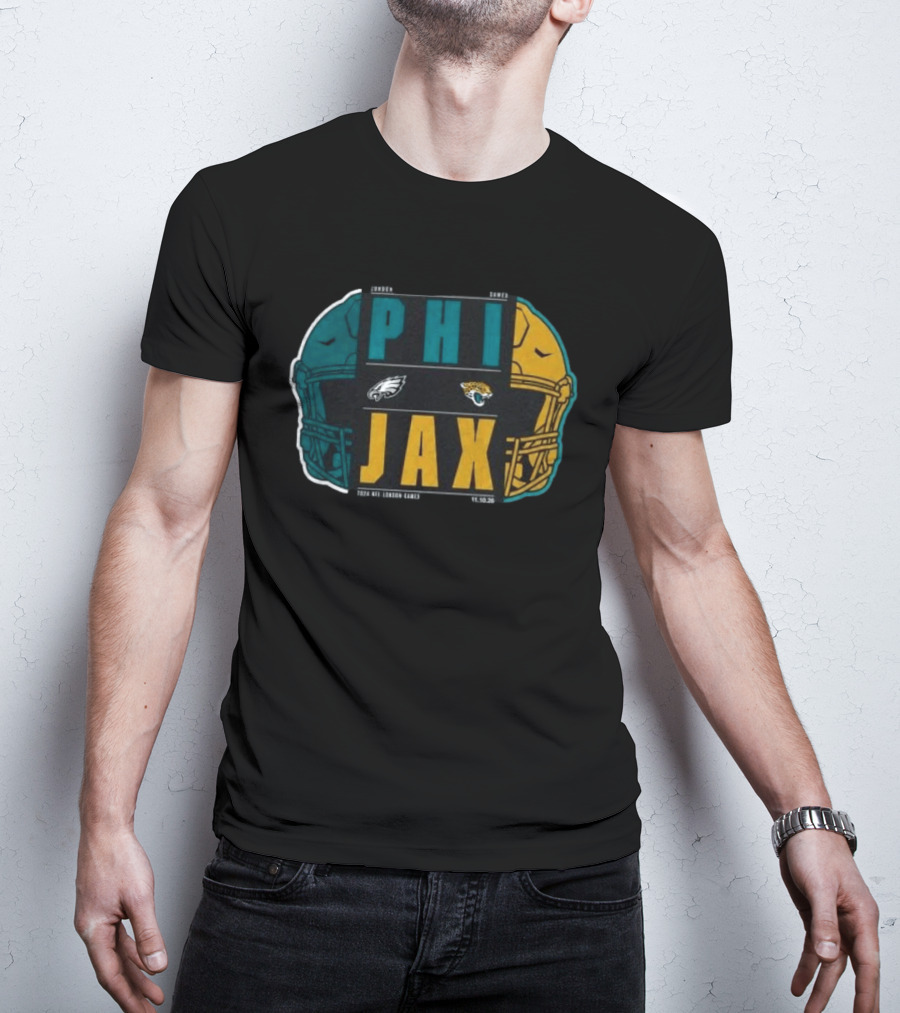 Jacksonville Jaguars Vs Philadelphia Eagles 2026 London Game International City Matchup Football Helmets Logos T-Shirt