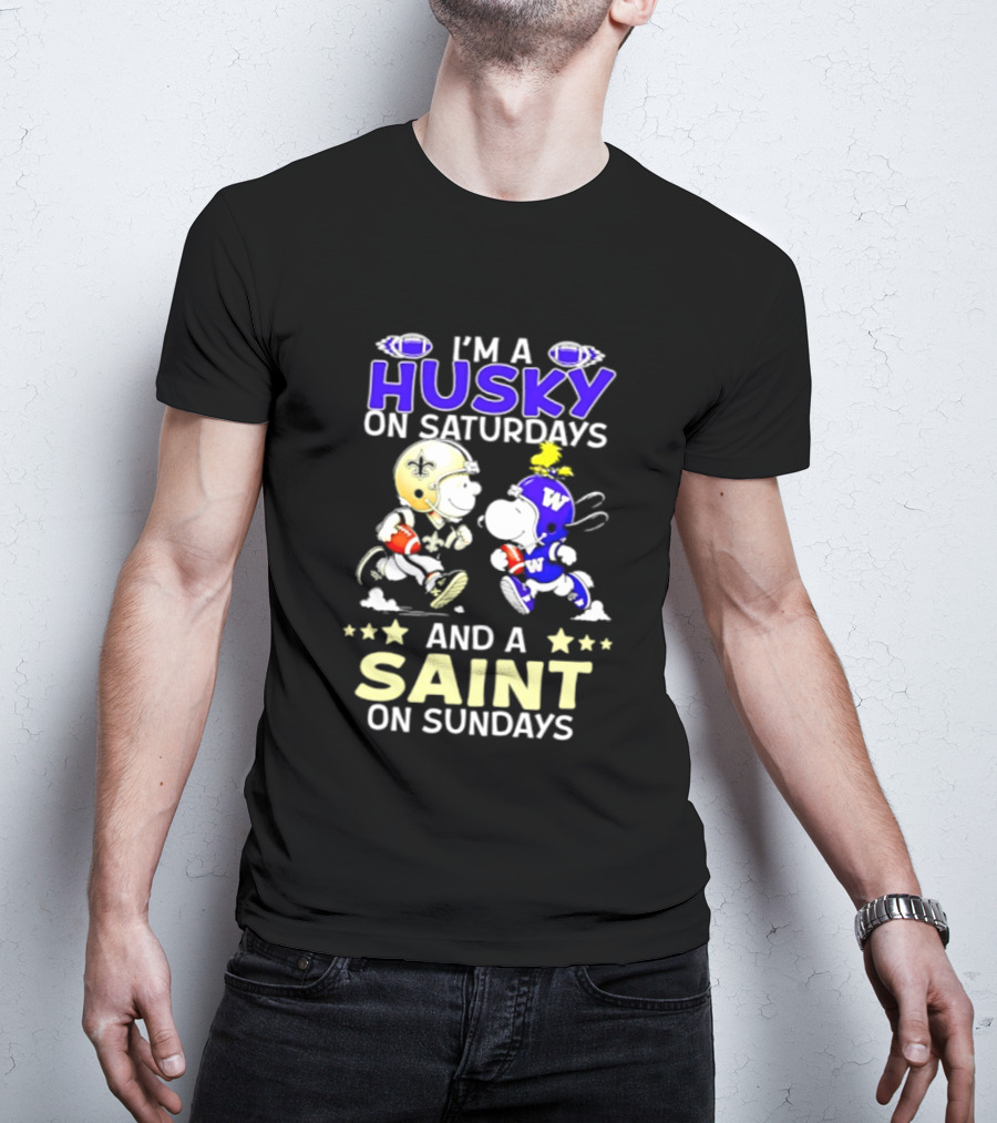 Peanuts I'm A Husky On Saturdays And A Saint On Sundays Football Charlie Brown Snoopy T-Shirt