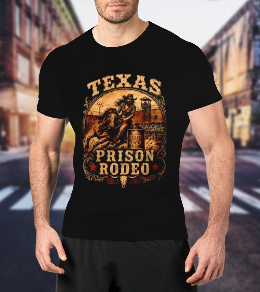 Texas State Prison Rodeo Cowgirl On Horse Western Scene T-Shirt