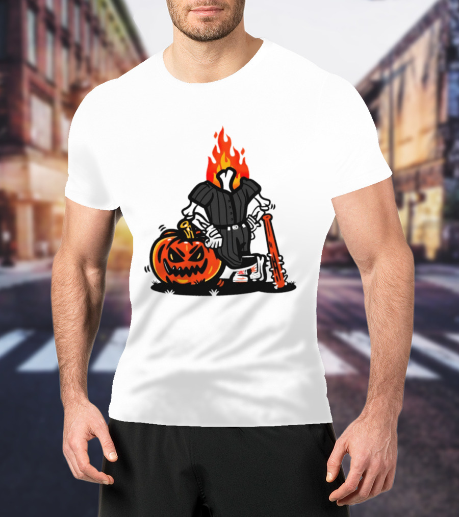 Flaming Pumpkin Head Baseball Player 2026 Halloween T-Shirt
