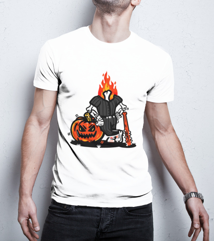 Flaming Pumpkin Head Baseball Player 2026 Halloween T-Shirt
