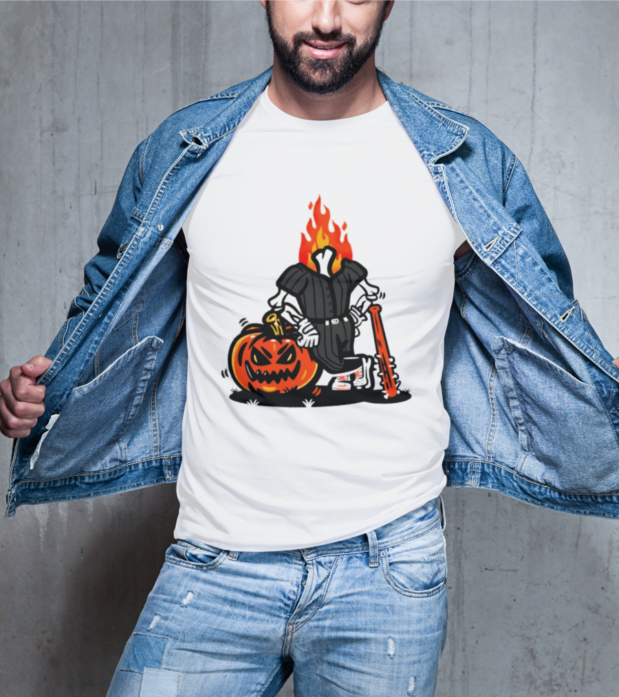 Flaming Pumpkin Head Baseball Player 2026 Halloween T-Shirt