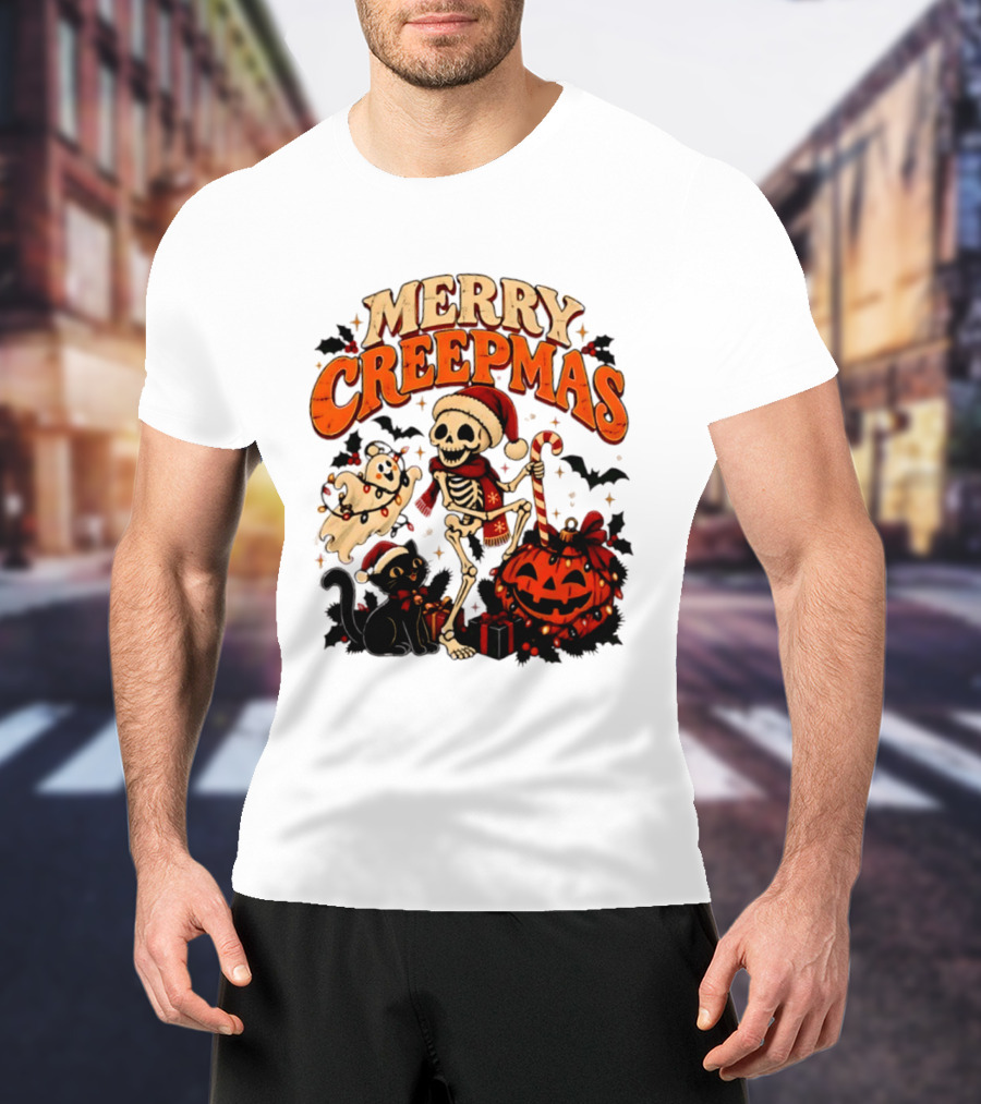 Merry Creepmas Skeleton Ghost Black Cat Pumpkin Holiday Scene T-Shirt