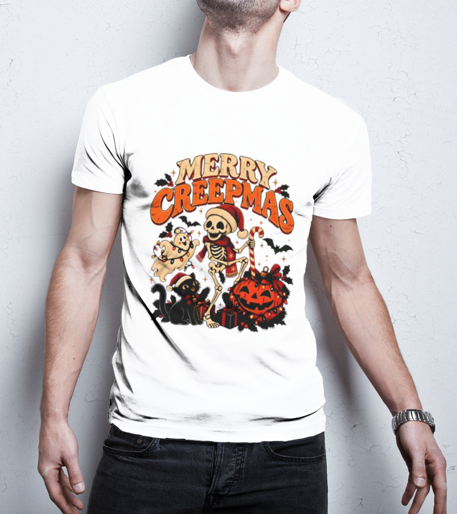 Merry Creepmas Skeleton Ghost Black Cat Pumpkin Holiday Scene T-Shirt
