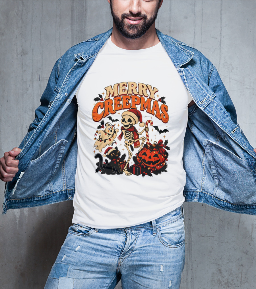 Merry Creepmas Skeleton Ghost Black Cat Pumpkin Holiday Scene T-Shirt