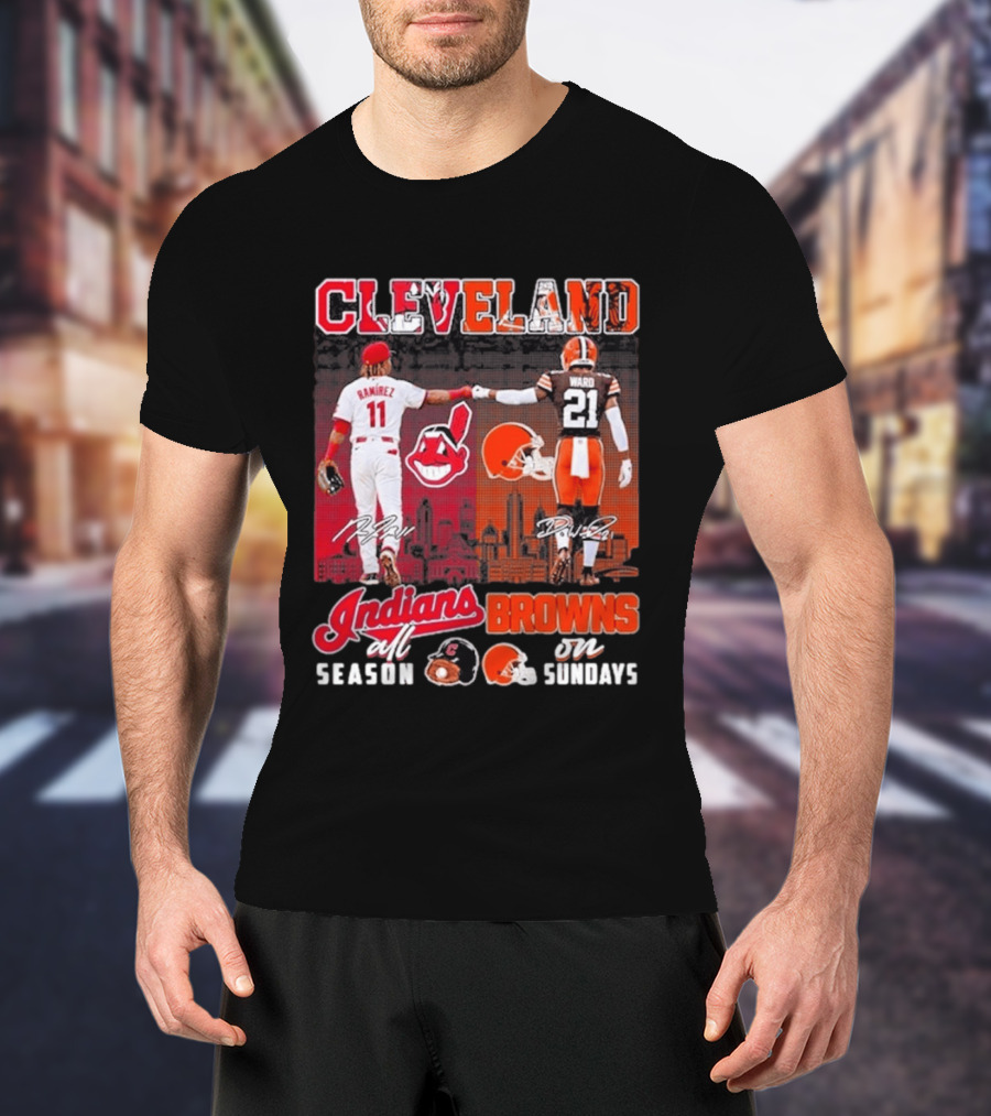 Cleveland José Ramírez Fist Bump Denzel Ward Indians All Season Browns On Sundays City Skyline T-Shirt
