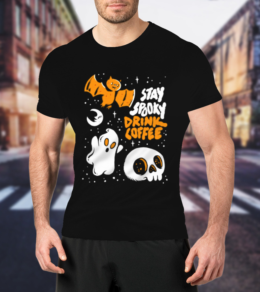 Stay Spooky Drink Coffee Halloween Ghost With Bat Skull And Moon T-Shirt