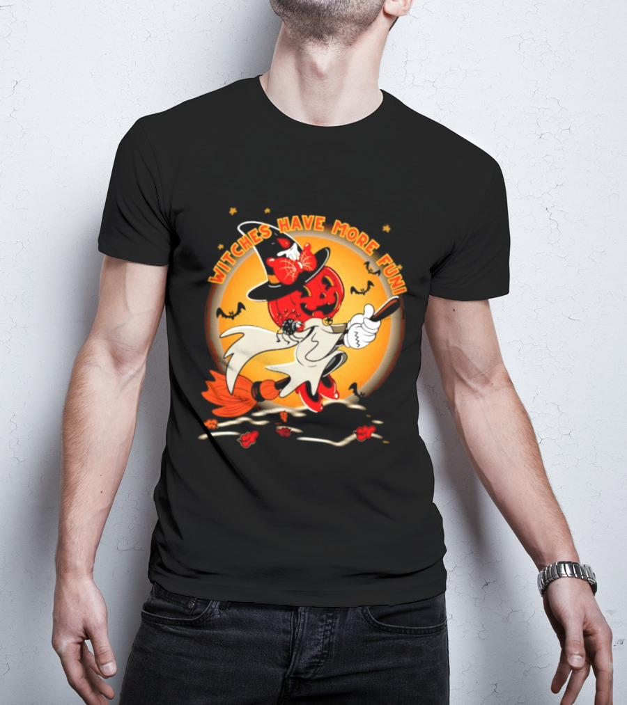 Witches Have More Fun Pumpkin Witch Riding Broomstick Halloween Magic T-Shirt
