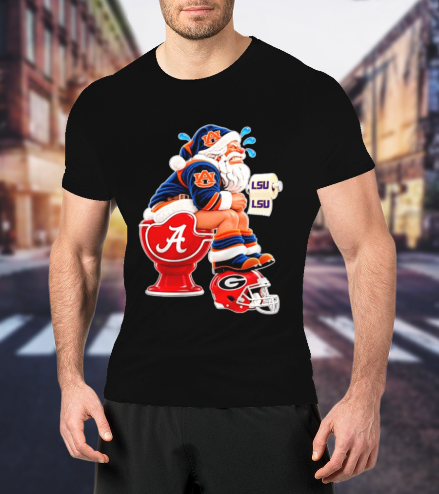 Auburn Santa On Alabama Crimson Tide Toilet With LSU Paper Georgia Bulldogs Helmet Football Humor T-Shirt