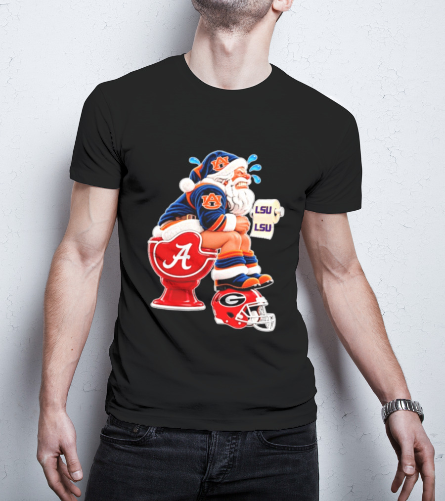 Auburn Santa On Alabama Crimson Tide Toilet With LSU Paper Georgia Bulldogs Helmet Football Humor T-Shirt