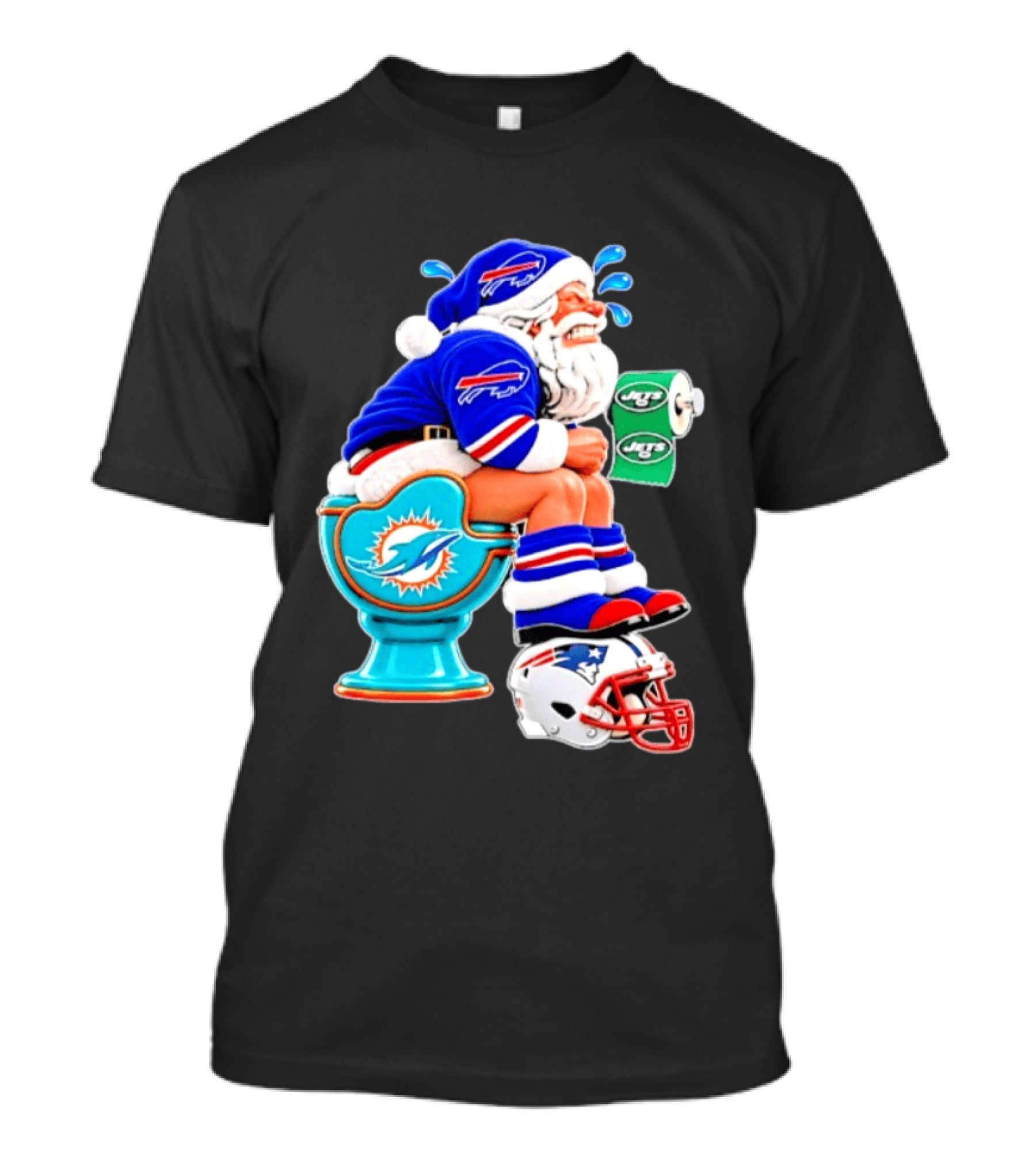 Buffalo Bills Santa On Miami Dolphins Toilet With NY Jets Paper And Patriots Helmet T-Shirt