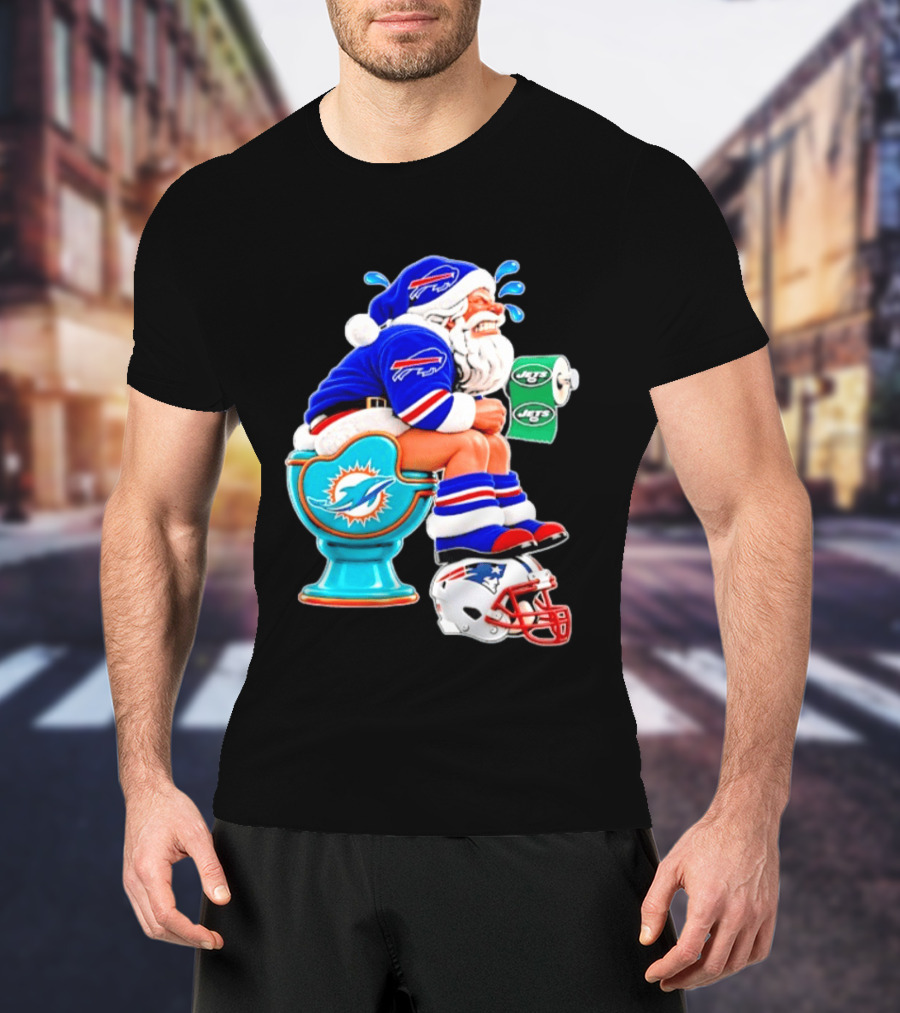 Buffalo Bills Santa On Miami Dolphins Toilet With NY Jets Paper And Patriots Helmet T-Shirt