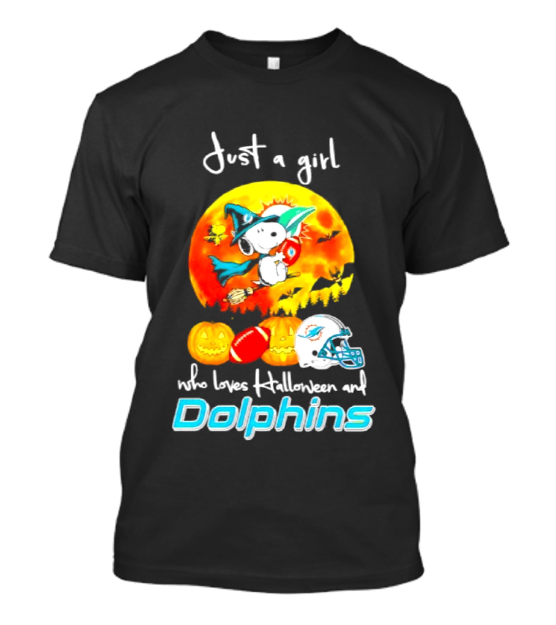 Just A Girl Who Loves Halloween And Miami Dolphins Snoopy Woodstock Pumpkin Football T-Shirt