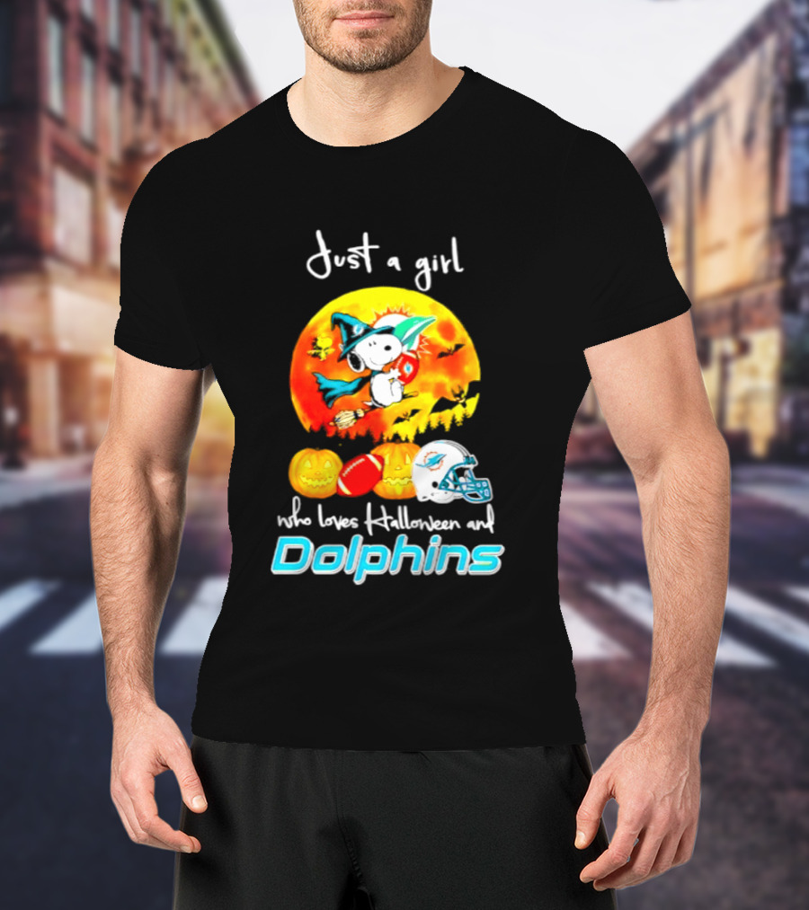 Just A Girl Who Loves Halloween And Miami Dolphins Snoopy Woodstock Pumpkin Football T-Shirt