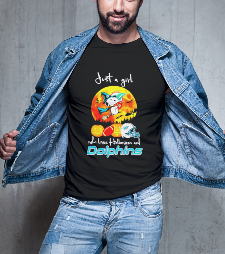 Just A Girl Who Loves Halloween And Miami Dolphins Snoopy Woodstock Pumpkin Football T-Shirt