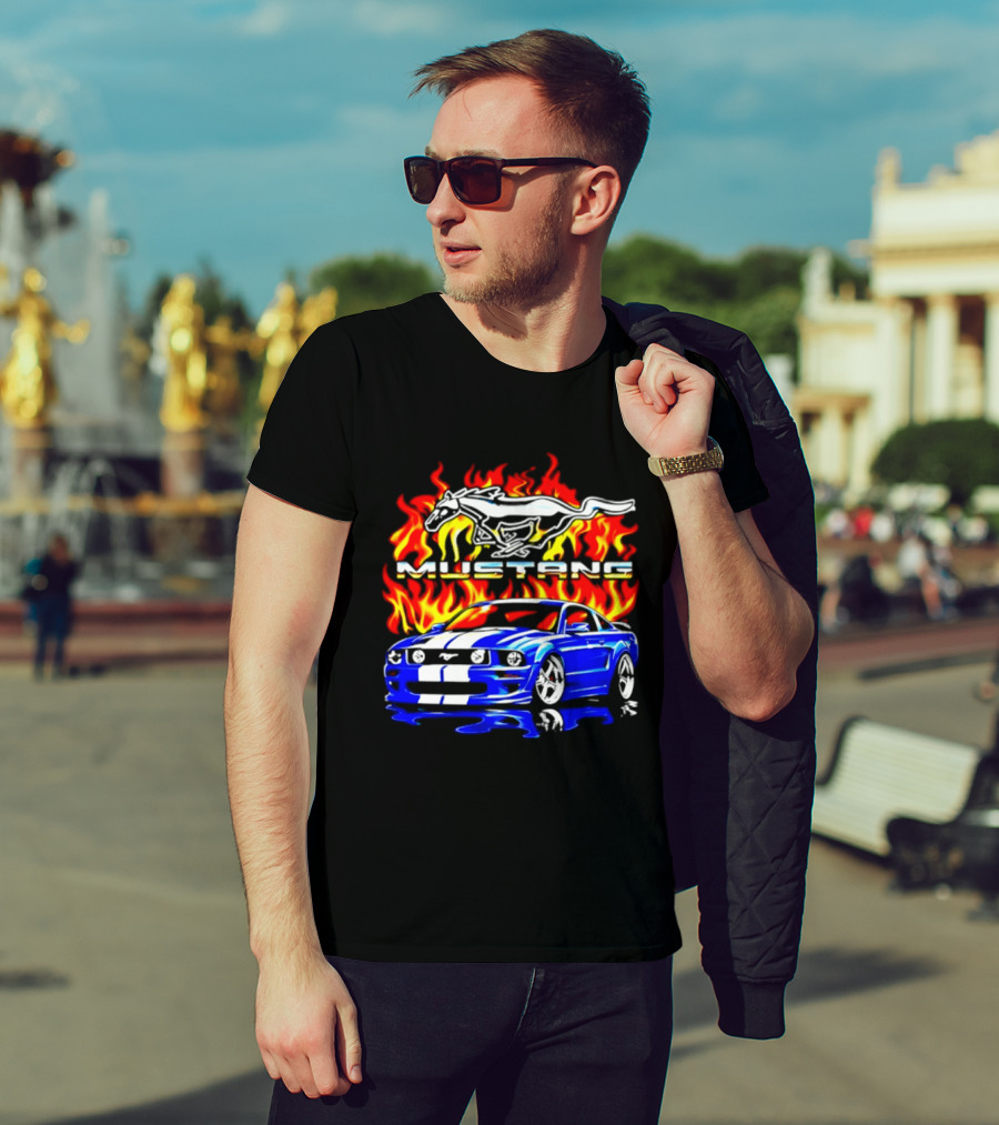 Mustang Blue Car With Flaming Horse And Fire T-Shirt
