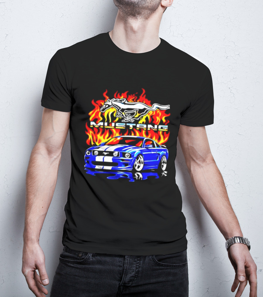Mustang Blue Car With Flaming Horse And Fire T-Shirt