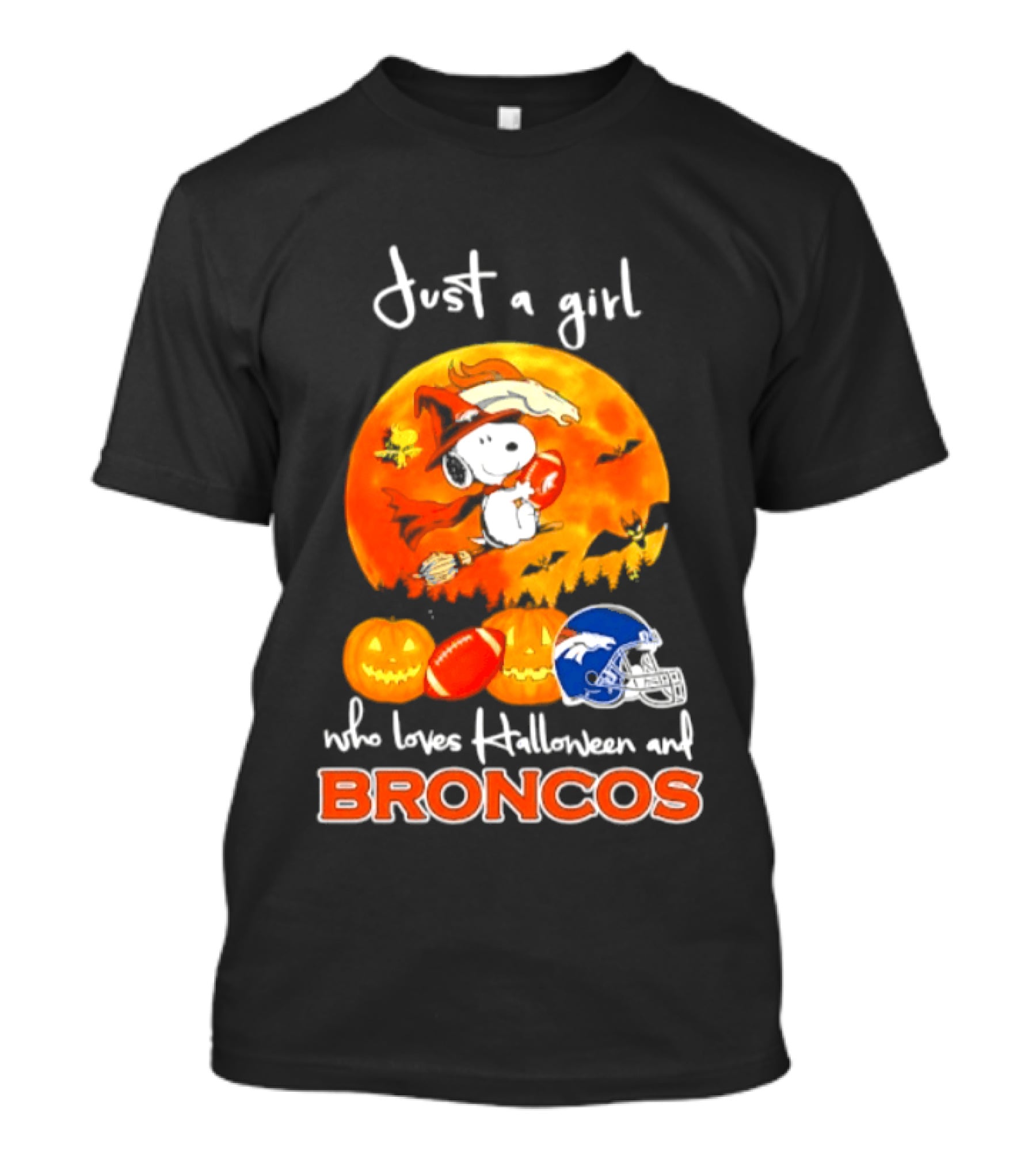 Just A Girl Who Loves Halloween And Broncos Football With Snoopy And Woodstock In Pumpkin T-Shirt