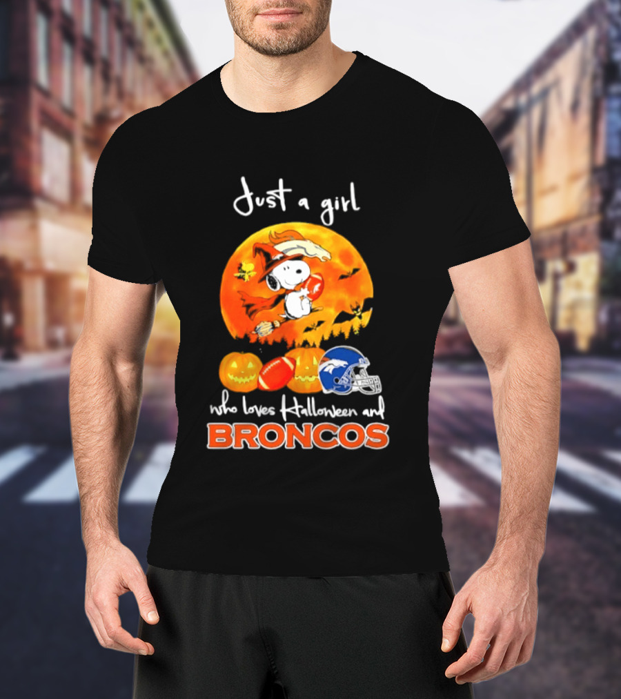 Just A Girl Who Loves Halloween And Broncos Football With Snoopy And Woodstock In Pumpkin T-Shirt