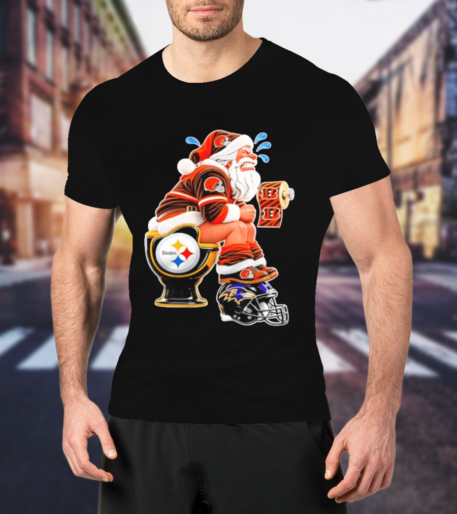 Santa Claus Cleveland Browns Toilet Sitting Steelers Ravens Bengals Meme T-Shirt