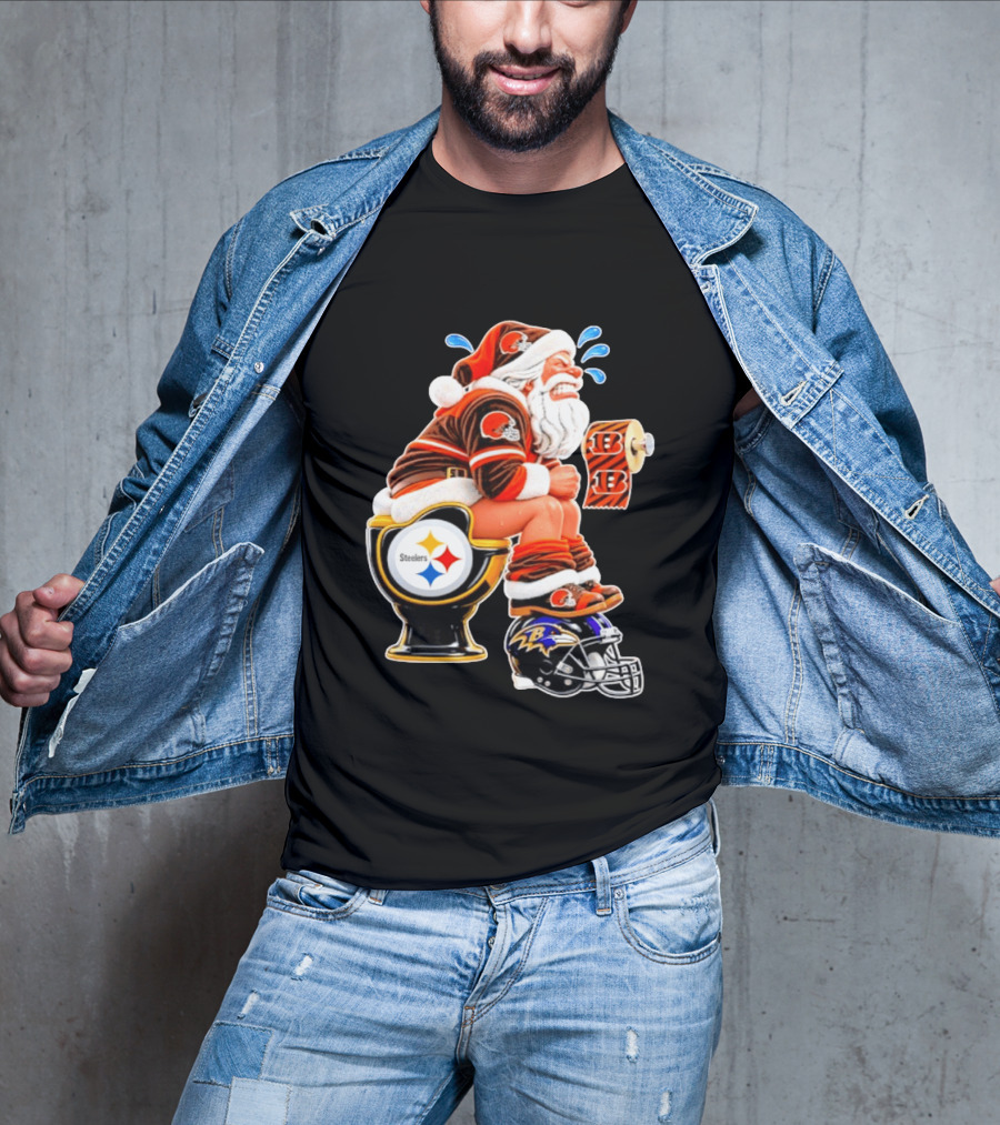 Santa Claus Cleveland Browns Toilet Sitting Steelers Ravens Bengals Meme T-Shirt
