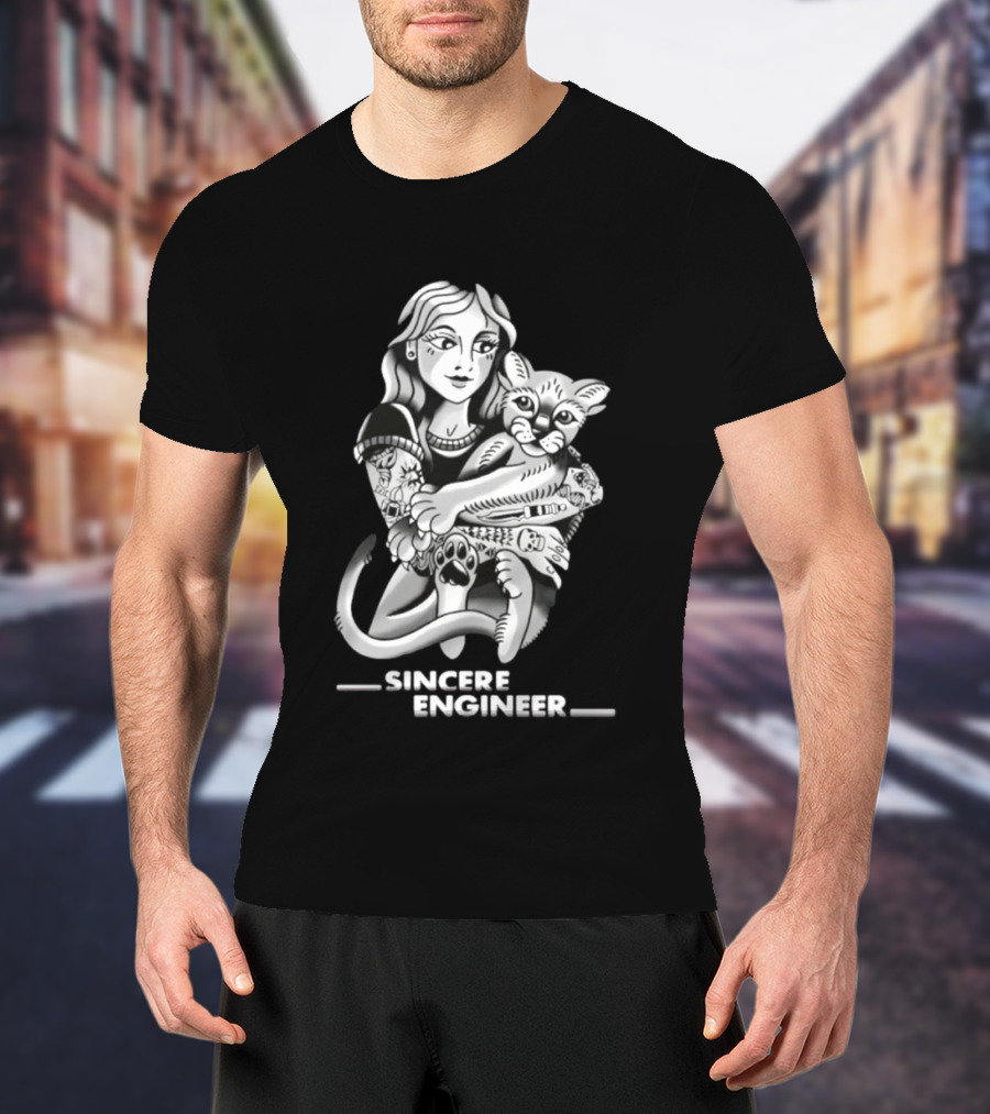 Sincere Engineer Punk Alternative Tattooed Girl Hugging Cat T-Shirt