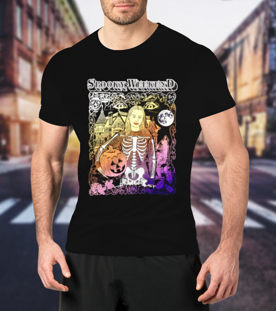 Spooky Weekend Skeleton Pumpkin Haunted House Halloween Magic Moonlit Night T-Shirt