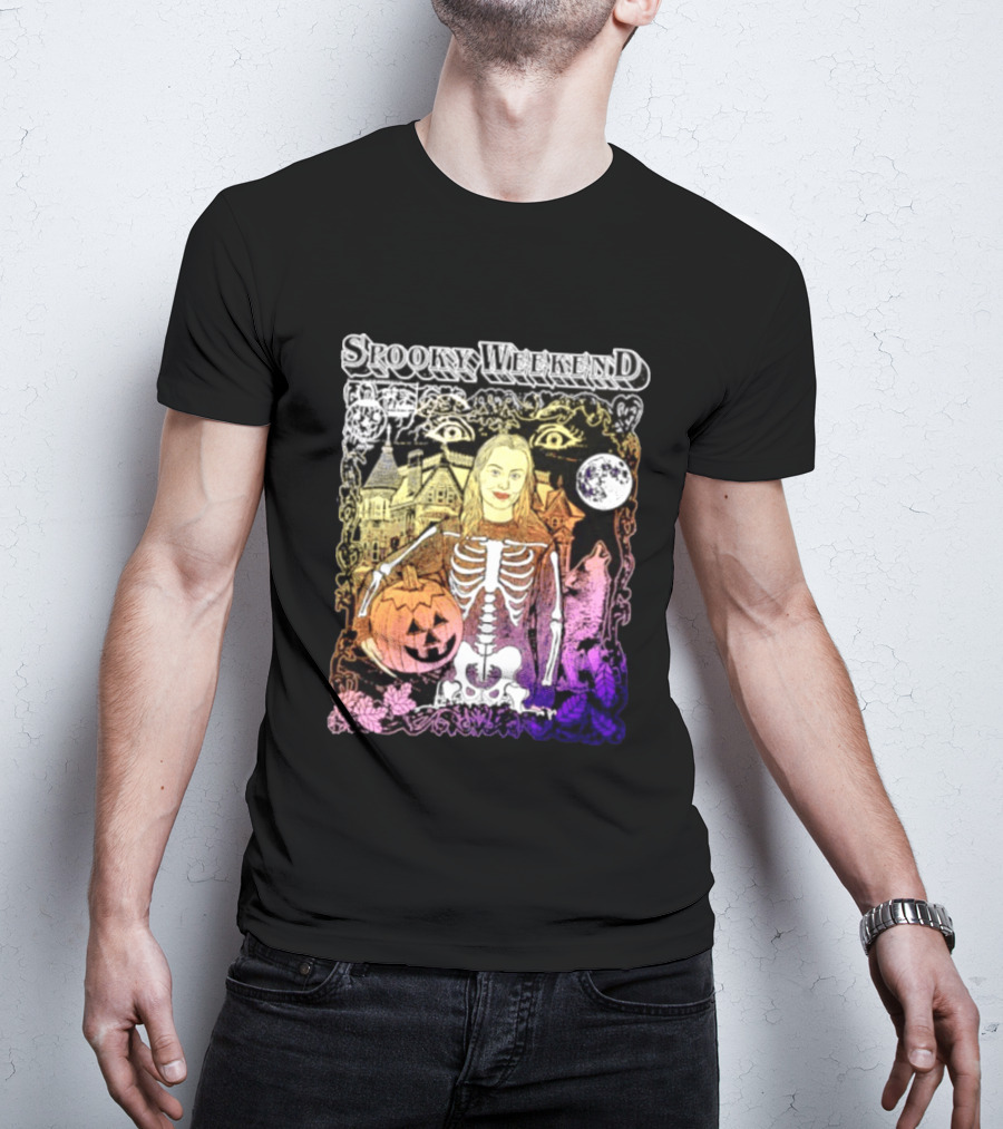 Spooky Weekend Skeleton Pumpkin Haunted House Halloween Magic Moonlit Night T-Shirt