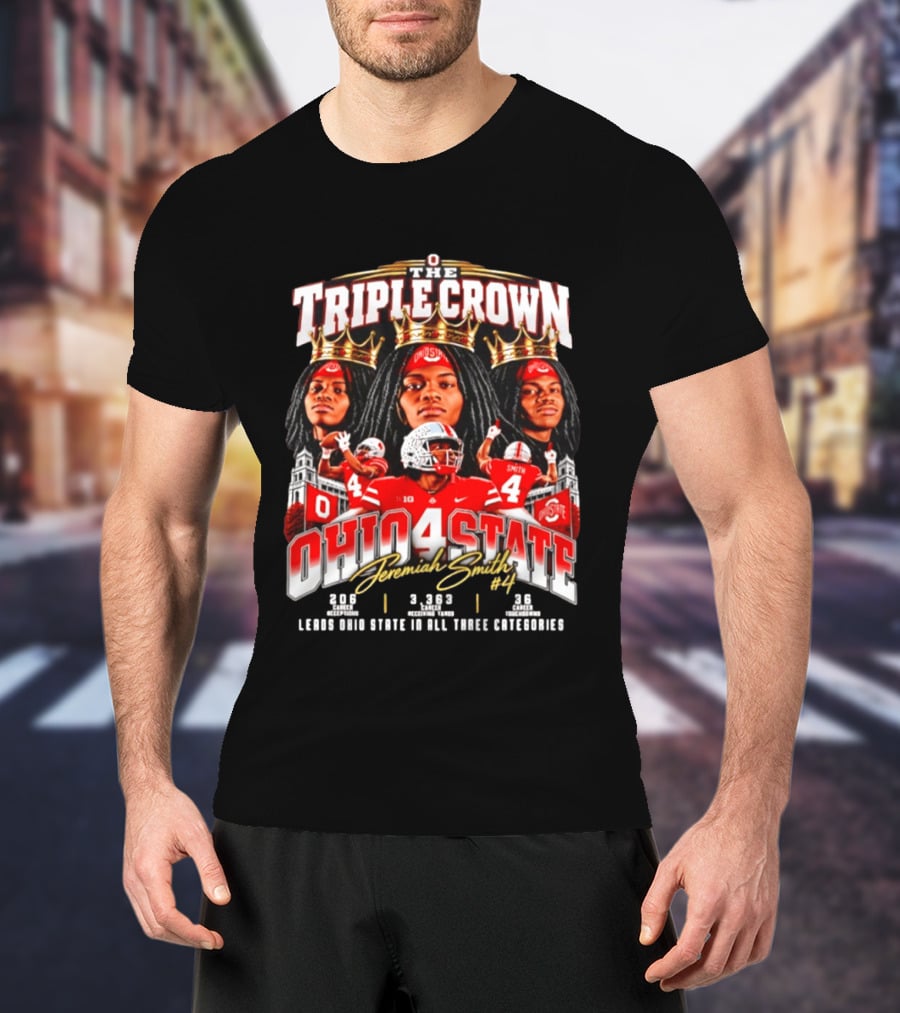 Ohio State Buckeyes Jeremiah Smith #4 The Triple Crown Leading In All Three Categories T-Shirt