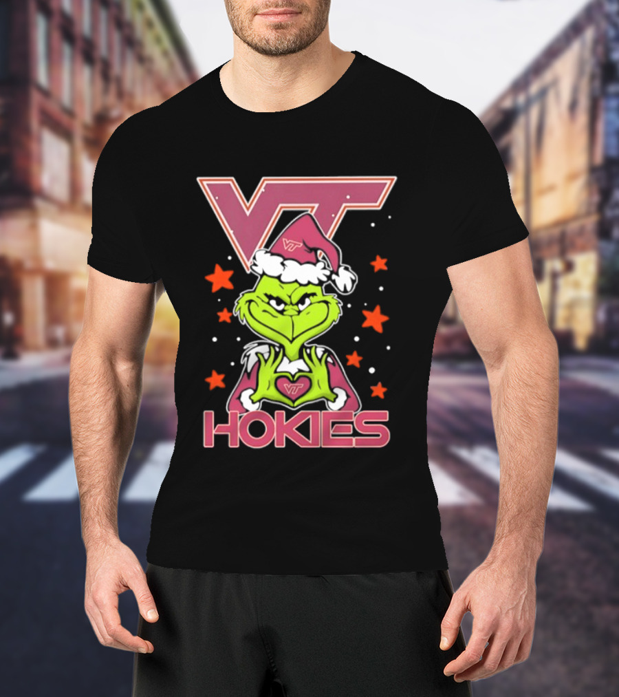Virginia Tech Hokies Grinch Christmas Love Hands Football 2026 T-Shirt