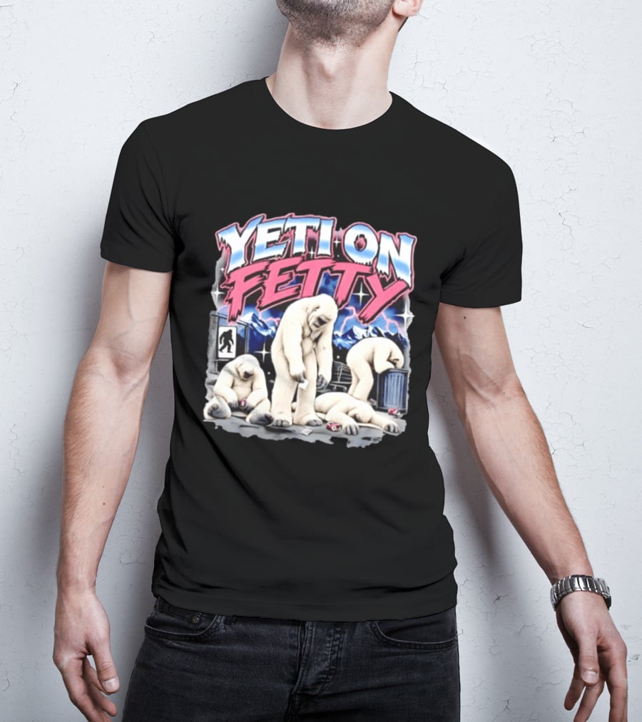 Yeti On Fetty Bigfoot Snowy Mountain Scene T-Shirt