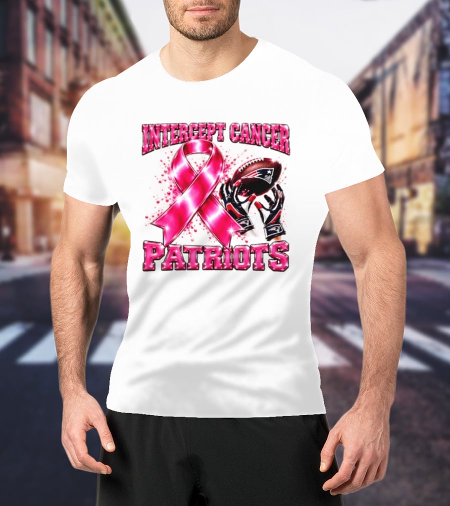 Intercept Cancer New England Patriots 2026 Football Gloves Pink Ribbon Awareness T-Shirt
