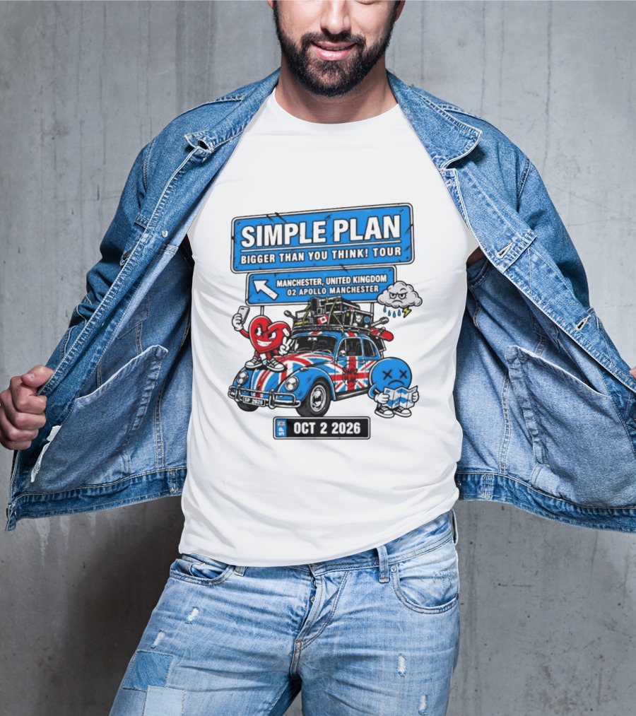 Simple Plan Bigger Than You Think Tour Manchester O2 Apollo Oct 2 2026 Car And Characters T-Shirt