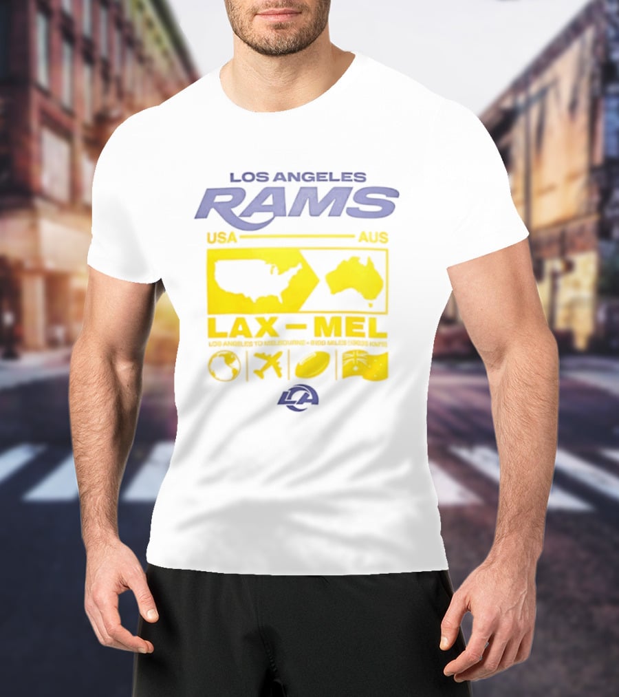 Los Angeles Rams LAX To MEL 2026 USA To Australia Football Journey T-Shirt