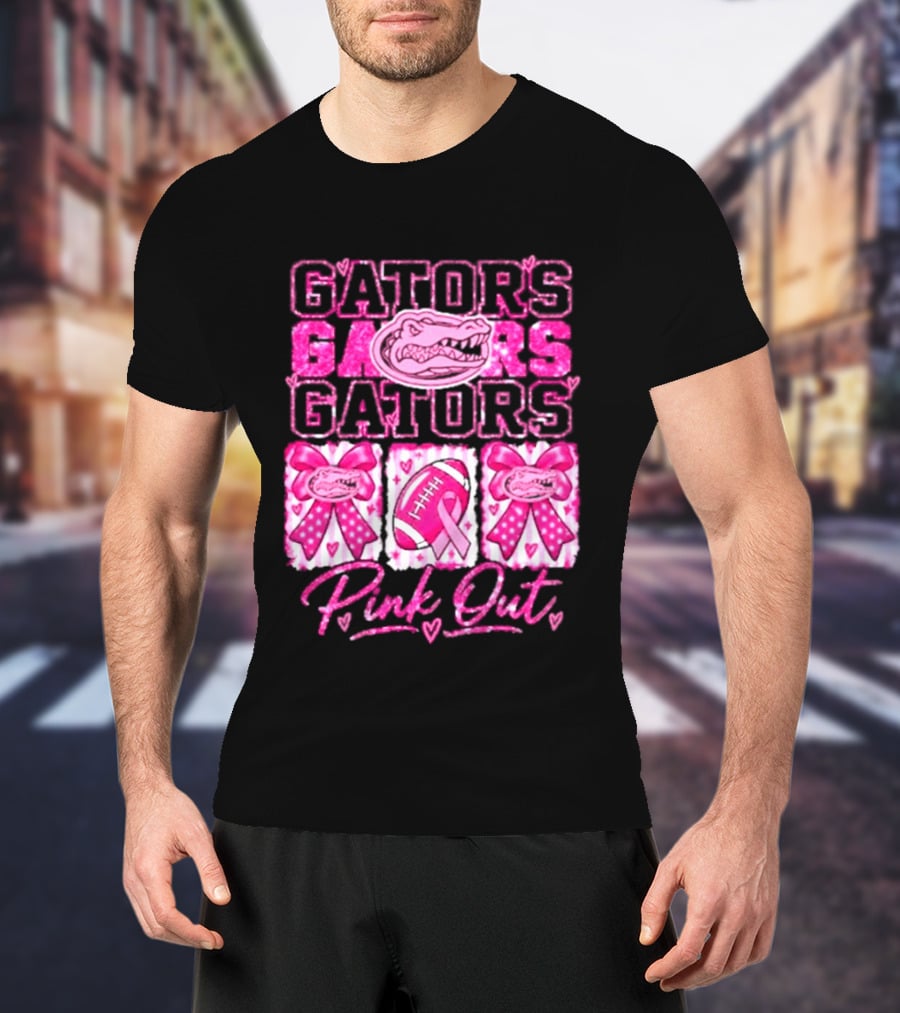 Gators Pink Out Breast Cancer Awareness Game Day Bow Ribbon Football T-Shirt