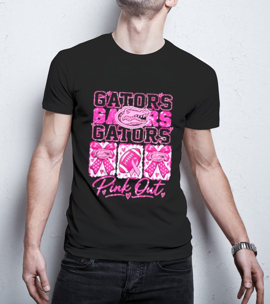 Gators Pink Out Breast Cancer Awareness Game Day Bow Ribbon Football T-Shirt