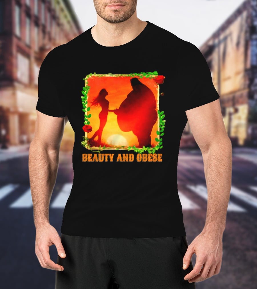 Beauty And Obese Romantic Satire With Sunset Silhouette And Roses T-Shirt