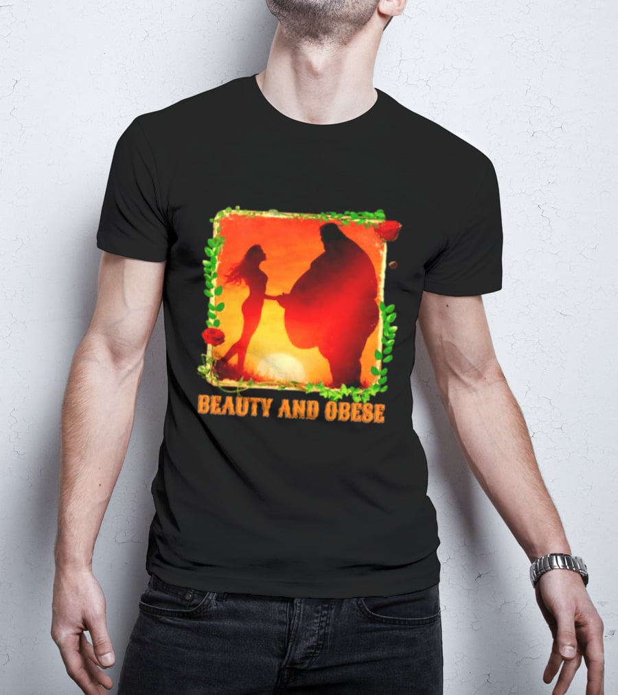 Beauty And Obese Romantic Satire With Sunset Silhouette And Roses T-Shirt