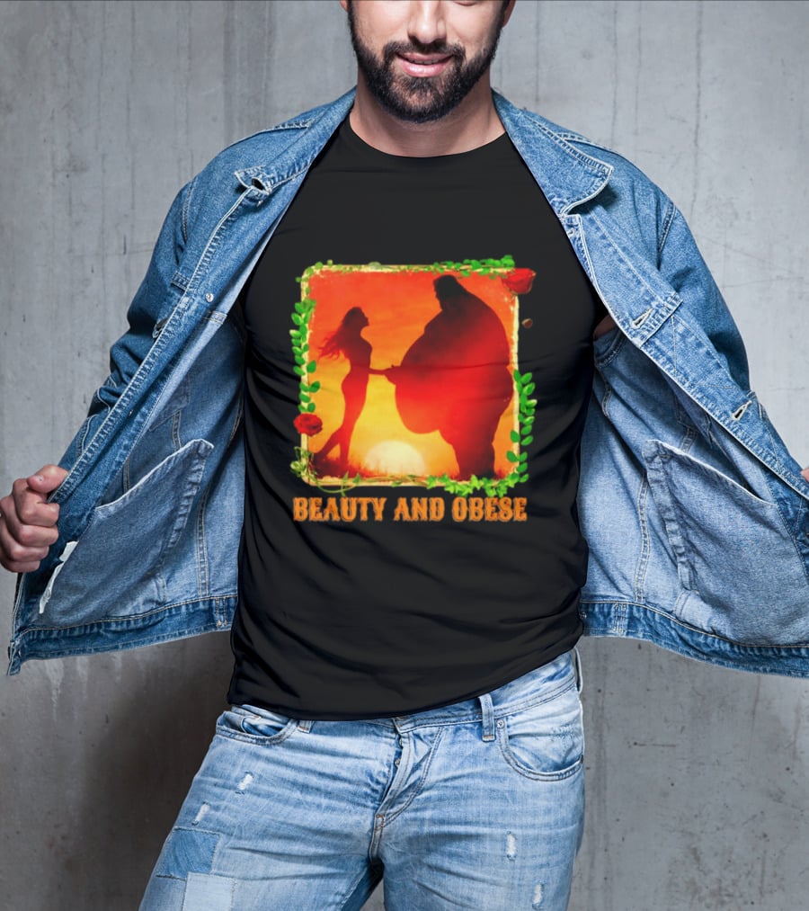 Beauty And Obese Romantic Satire With Sunset Silhouette And Roses T-Shirt