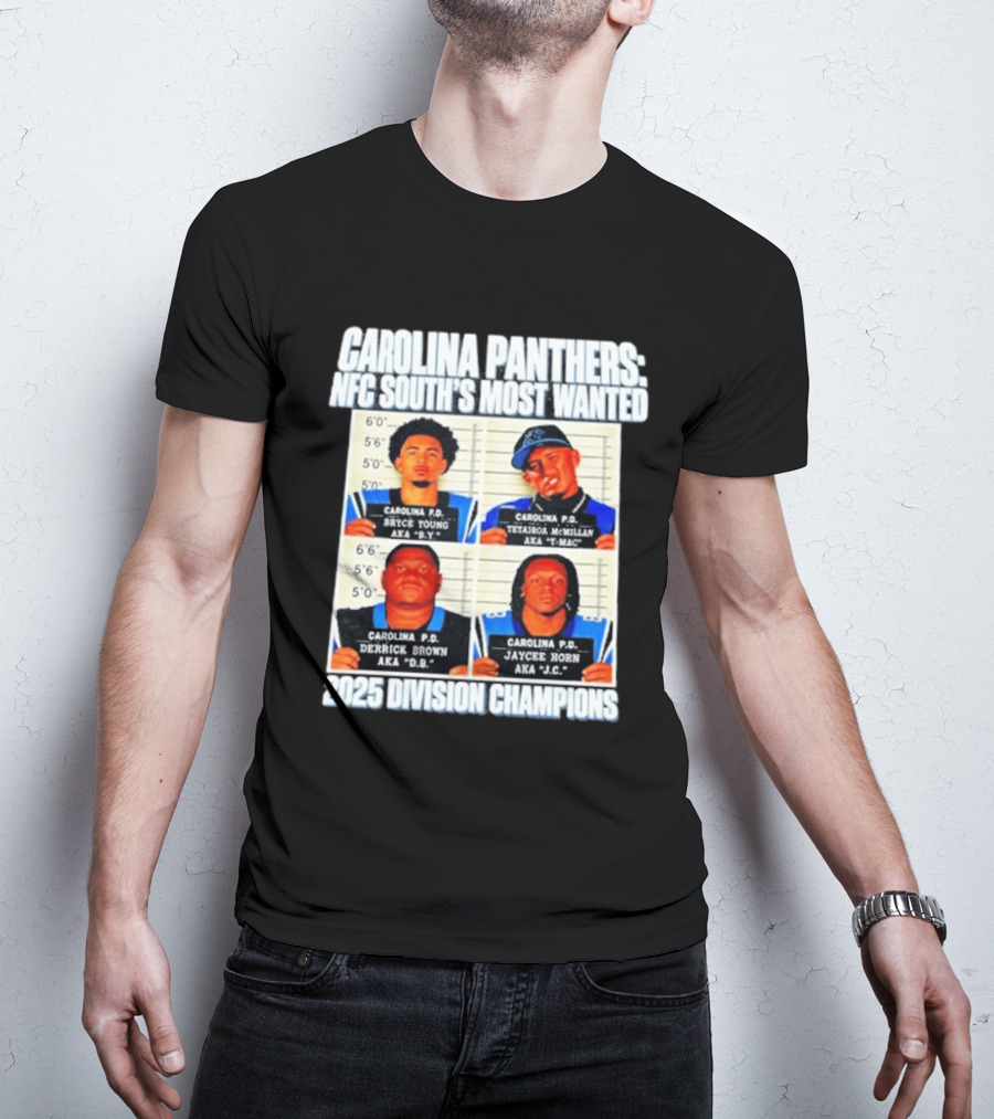 Carolina Panthers NFC South's Most Wanted Bryce Young Derrick Brown Jaycee Horn 2025 Division Champions T-Shirt