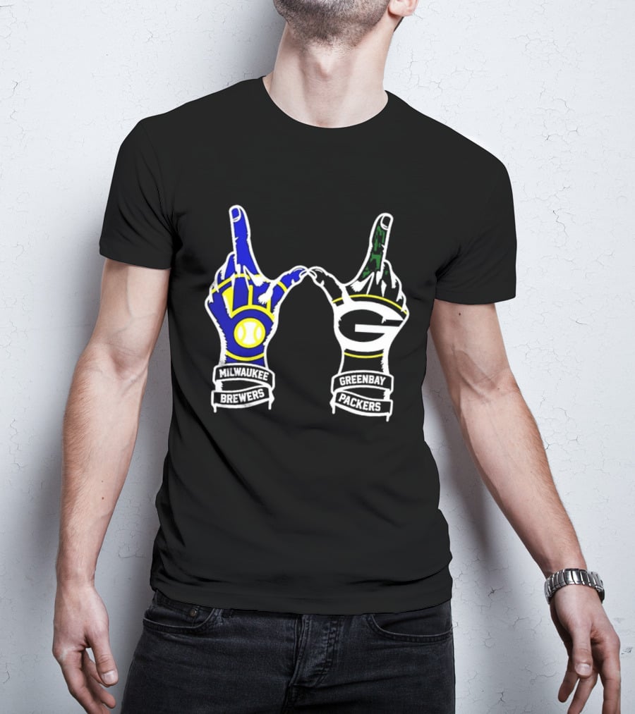 Milwaukee Brewers And Green Bay Packers Hand Gesture Wisconsin Sports Pride T-Shirt