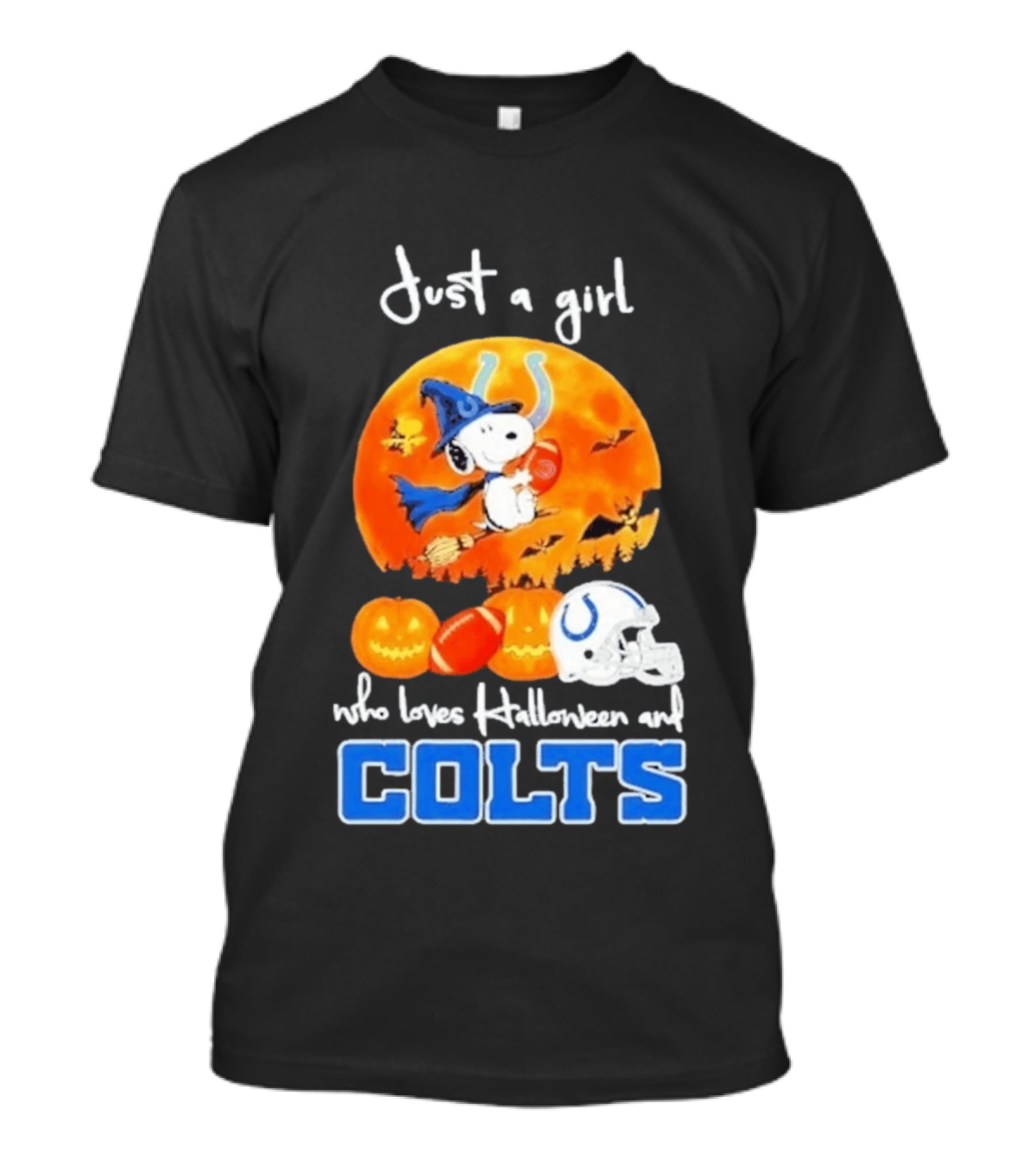 Just A Girl Who Loves Halloween And Colts Snoopy Woodstock Collaboration T-Shirt