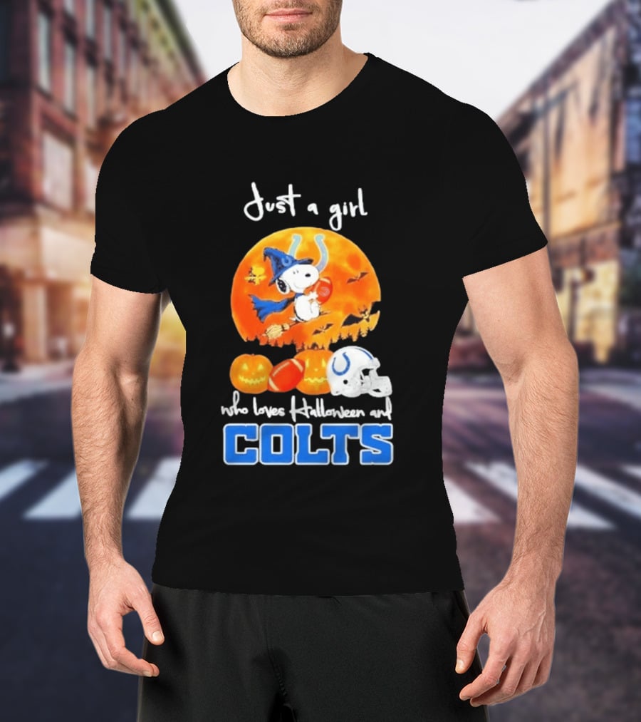 Just A Girl Who Loves Halloween And Colts Snoopy Woodstock Collaboration T-Shirt