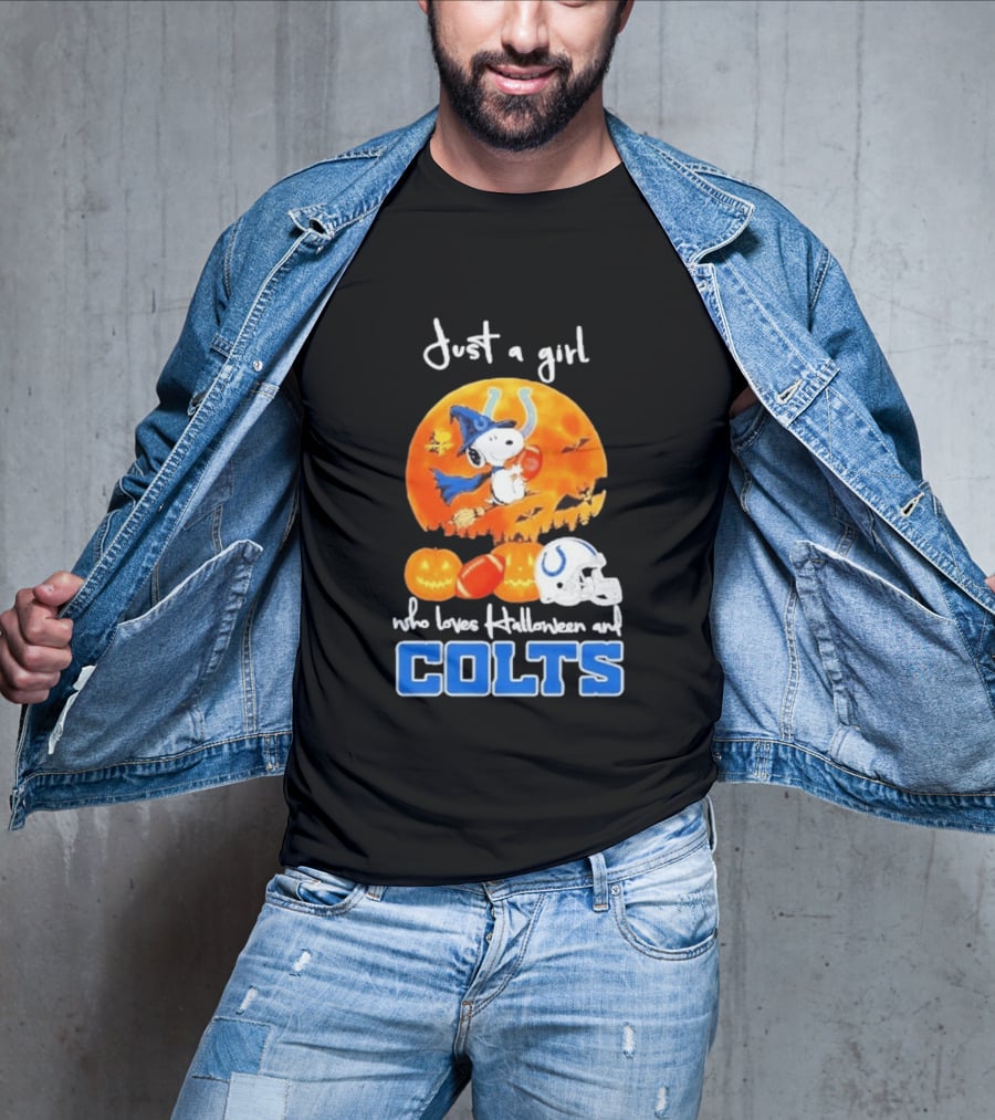 Just A Girl Who Loves Halloween And Colts Snoopy Woodstock Collaboration T-Shirt