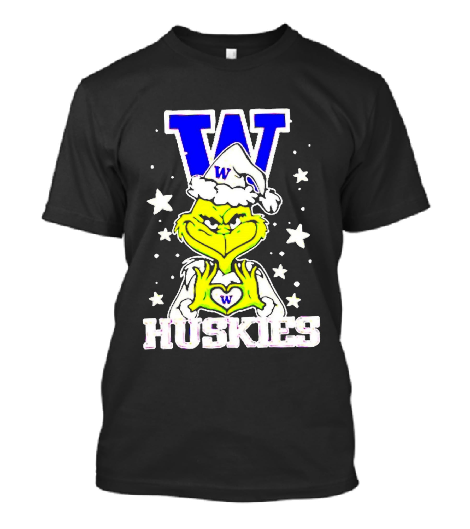 Washington Huskies Grinch Santa Hat Christmas Heart Hands W Monogram T-Shirt