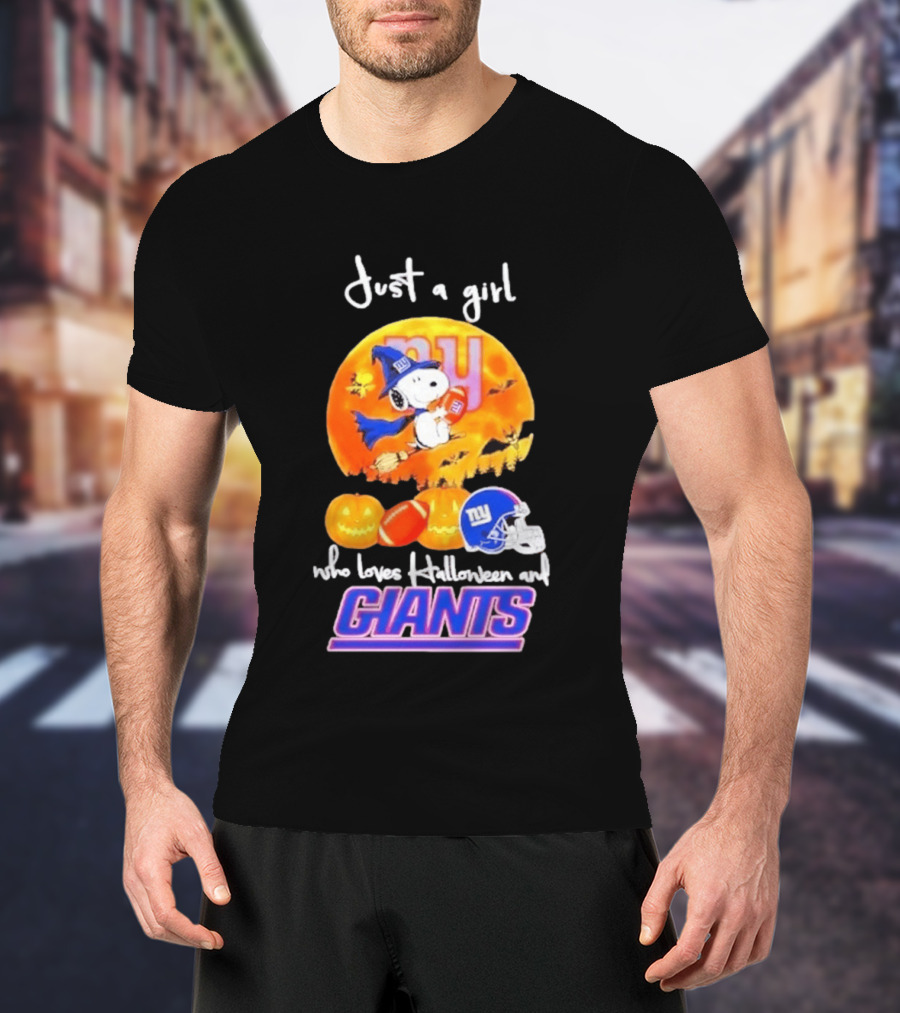 Just A Girl Who Loves Halloween New York Giants Snoopy Woodstock T-Shirt