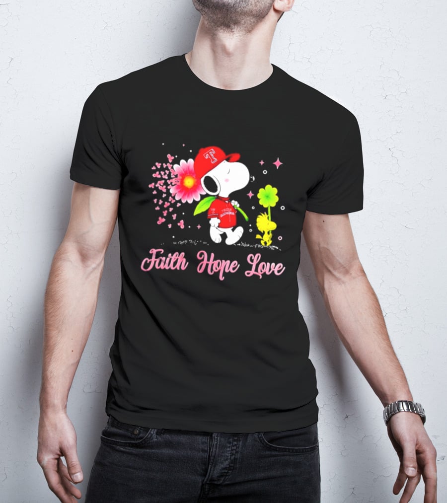 Texas Rangers Snoopy Faith Hope Love Breast Cancer Awareness 2026 T-Shirt
